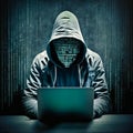 Hacking and malware concept. Hacker using abstract laptop with binary code digital interface. generative AI Royalty Free Stock Photo