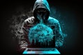 Hacking and malware concept. Hacker using abstract laptop with binary code digital interface. Royalty Free Stock Photo