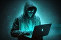 Hacking and malware concept. Hacker using abstract laptop with binary code digital interface. Royalty Free Stock Photo