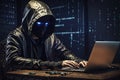 Hacking and malware concept. Hacker using abstract laptop with binary code digital interface. Royalty Free Stock Photo