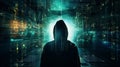 Hacking malware and data security concept. Hacker with not identifiable face with binary code digital interface. Double Royalty Free Stock Photo