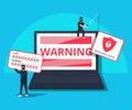 Hacking phishing attack. Flat illustration of young hacker sitting on the laptop to hack protection system.