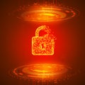 Hacking program or network. Broken padlock on red technology background. Alert from security system. Vector
