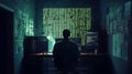Hacking session home office digital art dark environment rear view cybersecurity concept