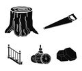 A hacksaw, a stump, a staircase with handrails, a beam. A sawmill and timber set collection icons in black style vector