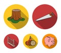 A hacksaw, a stump, a staircase with handrails, a beam. A sawmill and timber set collection icons in flat style vector