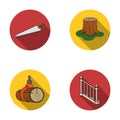 A hacksaw, a stump, a staircase with handrails, a beam. A sawmill and timber set collection icons in flat style vector