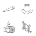 A hacksaw, a stump, a staircase with handrails, a beam. A sawmill and timber set collection icons in outline style