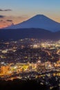 Hadano city night scape view with mountain Fuji at sunset time Royalty Free Stock Photo