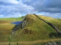 Hadrians Wall at Peel Gap with Landscape of North Pennines Hills and Crag Lough, Northumberland National Park, England