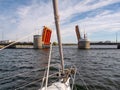 Hadsund bridge opening for sailboat sailing on Mariager Fjord, Himmerland, Nordjylland, Denmark