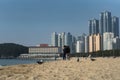Haeundae Beach a famous beach in busan during winter morning at Haeundae-gu , Busan South Korea : 9 February 2023