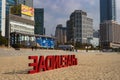 Haeundae Beach a famous beach in busan during winter morning at Haeundae-gu , Busan South Korea : 9 February 2023