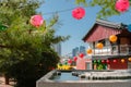 Haeundae Haeunjeongsa temple with lanterns in Busan, Korea Royalty Free Stock Photo