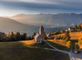 Hafling, Italy - Aerial view of the mountain church of St. Catherine Chiesa di Santa Caterina near Hafling - Avelengo