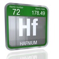 Hafnium symbol in square shape with metallic border and transparent background with reflection on the floor. 3D render