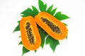 Haft cut papaya fruit and papaya leaf