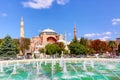 Hagia Sophia Ayasofya museum with fountain in the Sultan Ahmet Park in Istanbul, Turkey during sunny summer day. Royalty Free Stock Photo