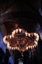 Six-petal flower-shaped mosque-style chandeliers in Istanbul`s Hagia Sophia