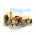 Hagia Sophia, Istanbul, Islamic historical mosque and Museum. Watercolor sketch.