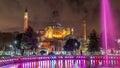 Hagia Sophia timelapse hyperlapse with a fountain at night, Istanbul, Turkey