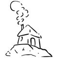 Hagrid's house with a chimney, a small house on a rock, clouds of smoke. Royalty Free Stock Photo