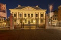 The Hague , Februari 17 2019: The Hague, The Netherlands. Building of the Mauritshuis with long-fluttered flags in long Royalty Free Stock Photo