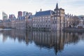 The Hague - February 17 2019: The Hague, The Neherlands. Binnenhof castle, Dutch Parliament, with the Hofvijver lake