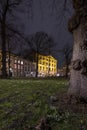 The Hague - February 18 2019: The Hague, The Netherlands. Hotel de Indes in The Hague at dusk, long exposure , grass