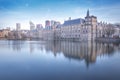 The Hague - February 17 2019: The Hague, The Neherlands. Binnenhof castle, Dutch Parliament, with the Hofvijver lake