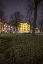 The Hague - February 18 2019: The Hague, The Netherlands. Hotel de Indes in The Hague at dusk, long exposure , grass