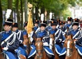 THE HAGUE, HOLLAND - SEPTEMBER 17, 2019: Soldiers accompanying the Golden Coach with Queen Maxima and King Willem-Alexander on Pri Royalty Free Stock Photo