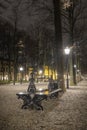 The Hague - February 18 2019: The Hague, The Netherlands. Park with bench and vintage street lanterns in The Hague at