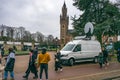 Mobile satelite dish broadcastin in front the International Court of Justice (ICJ)