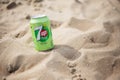 The Hague, Netherlands - 09.06.2019:. Can of new 7up free of the beach.