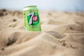 The Hague, Netherlands - 09.06.2019:. Can of new 7up free of the beach.