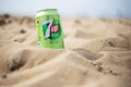 The Hague, Netherlands - 09.06.2019:. Can of new 7up free of the beach. Royalty Free Stock Photo