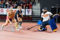 The Hague, Netherlands - FEBRUARY 16, 2020: Charlie works EuroHockey Indoor Club Cup 2020 Women. Final match Dusseldorfer HC GER Royalty Free Stock Photo