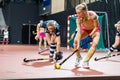 The Hague, Netherlands - FEBRUARY 16, 2020: Charlie works EuroHockey Indoor Club Cup 2020 Women. Final match Dusseldorfer HC GER Royalty Free Stock Photo