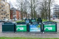 Suburban recycling collection point for bottles, paper and plastic