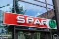 Spar logo sign at a store. groceries shop fresh products at supermarket prices.