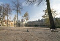 The Hague, November 10 The Hague, The Netherlands. An abandoned park by the pond in the city. One seagull is watching