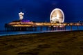 Scheveningen Beach, De Pier with restaurants in the evening at the blue hour and beautifully lit Royalty Free Stock Photo