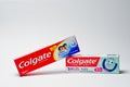 Hai, Ukraine - August 10, 2017: close-up photo of colgate toothpaste in packaging on the white background. Royalty Free Stock Photo