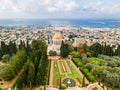 Aerial view of Bahai Garden and Bahai Temple, downtown, port and bay of Haifa on the Mediterranean Sea in Haifa, Israel Royalty Free Stock Photo