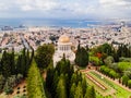 Aerial view of Bahai Garden and Bahai Temple, downtown, port and bay of Haifa on the Mediterranean Sea in Haifa, Israel Royalty Free Stock Photo