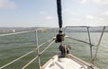 View of the embankment and the Downtown from the View from the bow of the yacht in the Haifa Bay, in the Mediterranean Sea, near Royalty Free Stock Photo