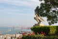 A decorative eagle statue stands on a pedestal in the Bahai Garden, located on Mount Carmel in the city of Haifa, in northern