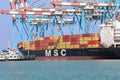 Haifa, Israel - October 11, 2021: MSC Mega Container Ship docked at Haifa shipping port.