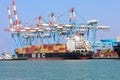 Haifa, Israel - October 11, 2021: MSC Mega Container Ship docked at Haifa shipping port.